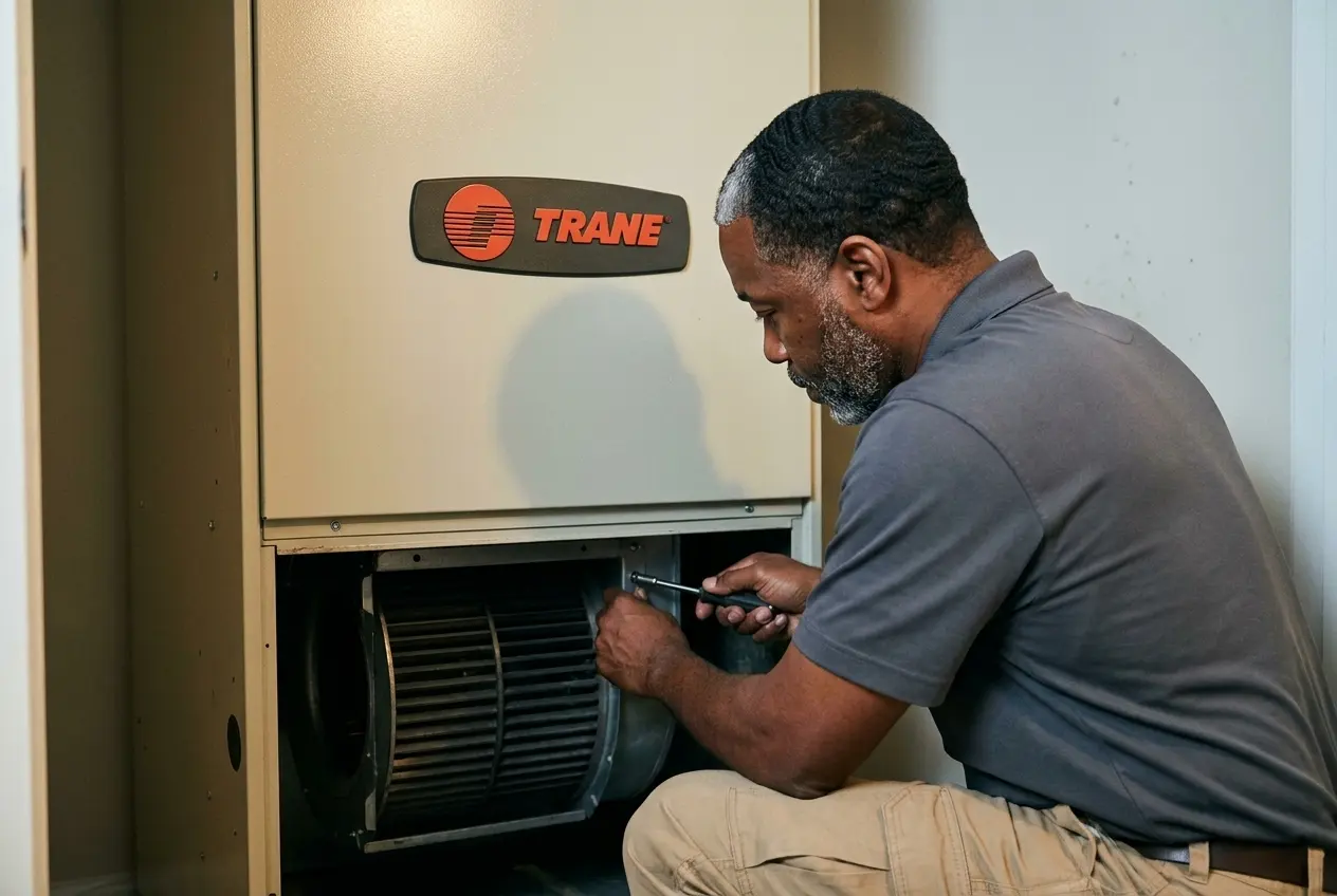 Msemaji Anderson at the open blower panel of a Trane air handler