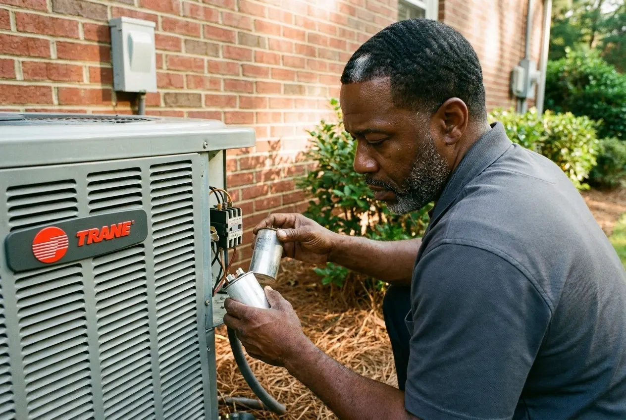 Msemaji Anderson lifting the failed capacitor out of a Trane condenser and fitting its replacement