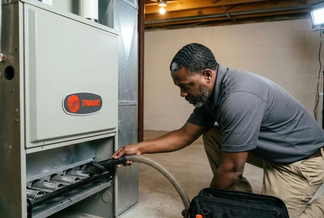Msemaji Anderson vacuuming the burners of a Trane furnace with a brush attachment