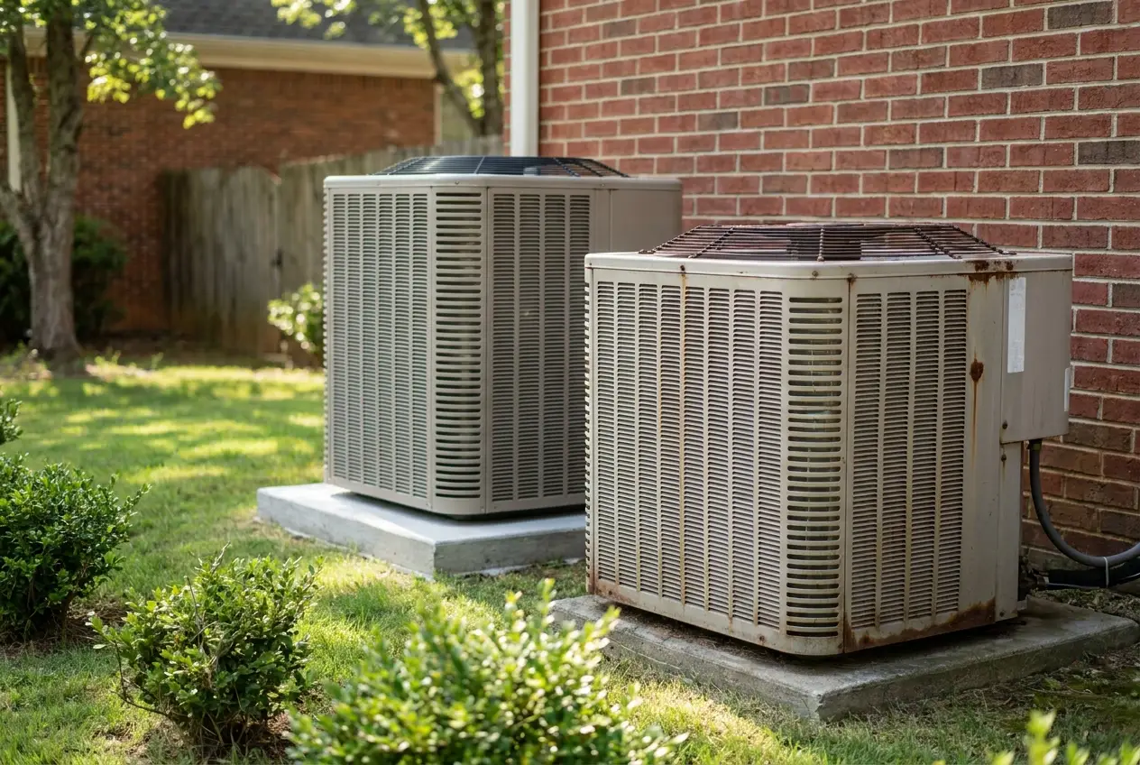 Two residential air conditioning condensers side by side beside an Atlanta brick home, one newer than the other