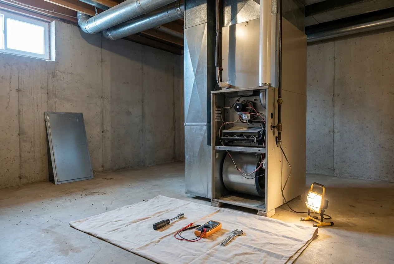 A gas furnace with its access panel off in an Atlanta basement, tools laid out on a drop cloth