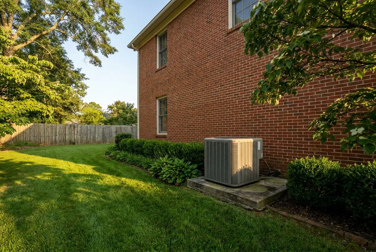 The side of a red brick Atlanta home with its air conditioning condenser on a pad by the wall