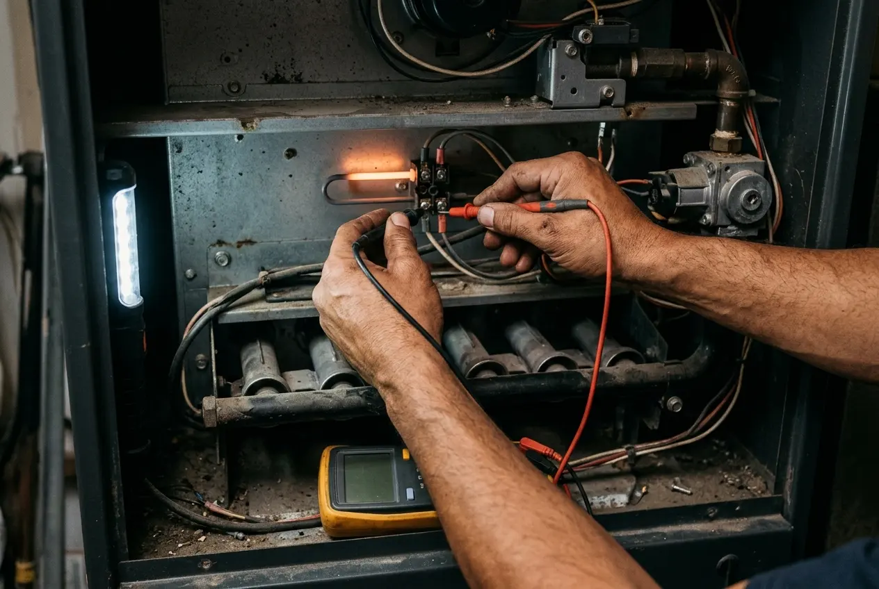 Hands probing a furnace igniter circuit with a multimeter while the igniter glows
