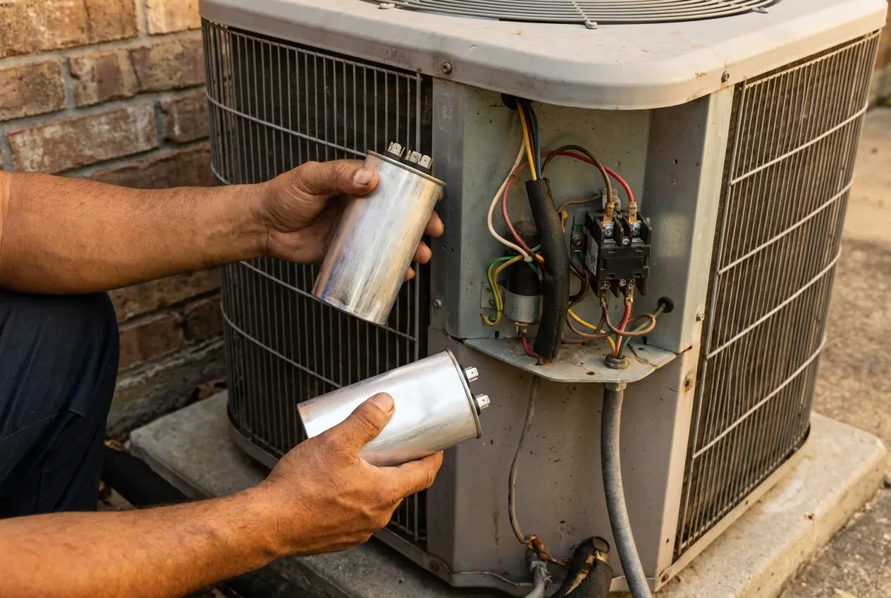 Hands lifting a swollen dual-run capacitor out of a condenser electrical box, the replacement held ready in the other hand