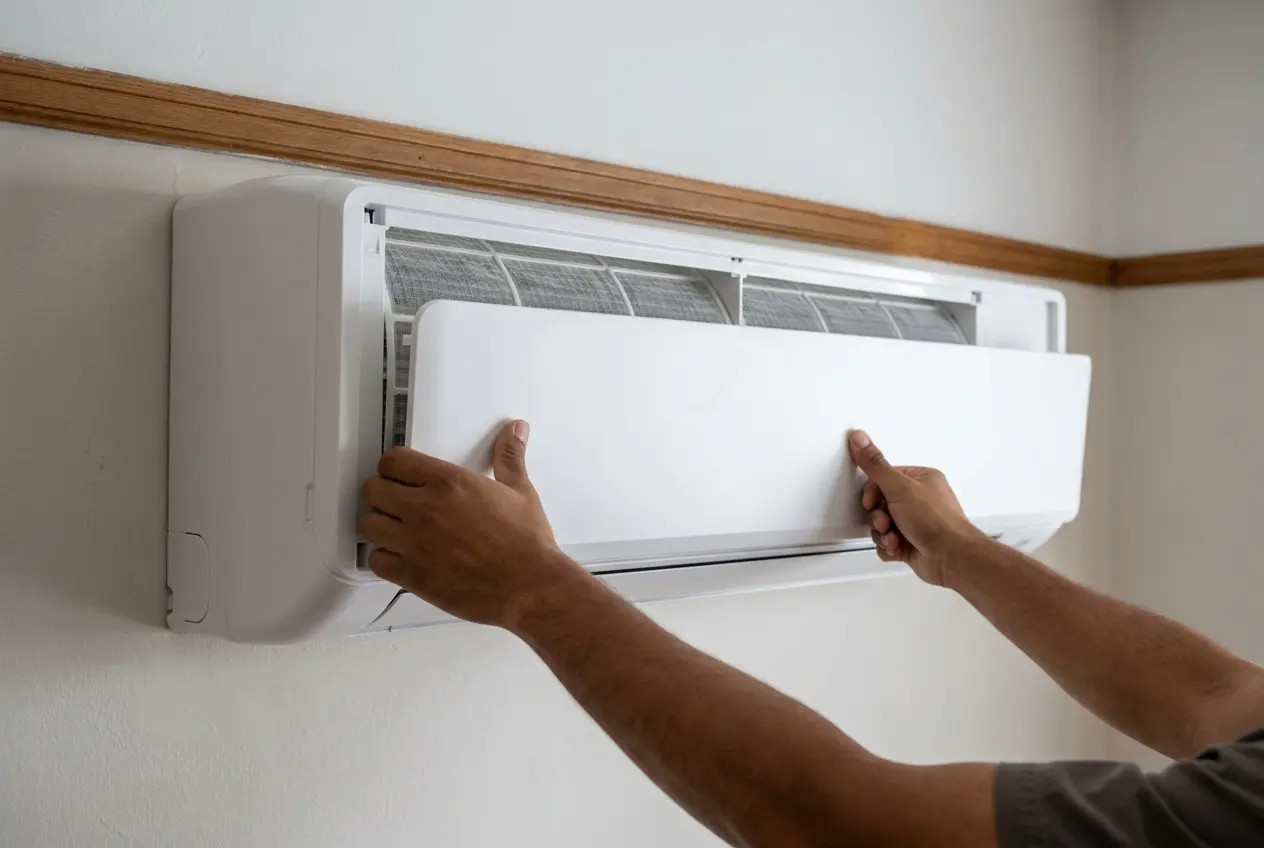 Hands clipping the filter panel back onto a wall-mounted mini-split head in an older room with picture rail