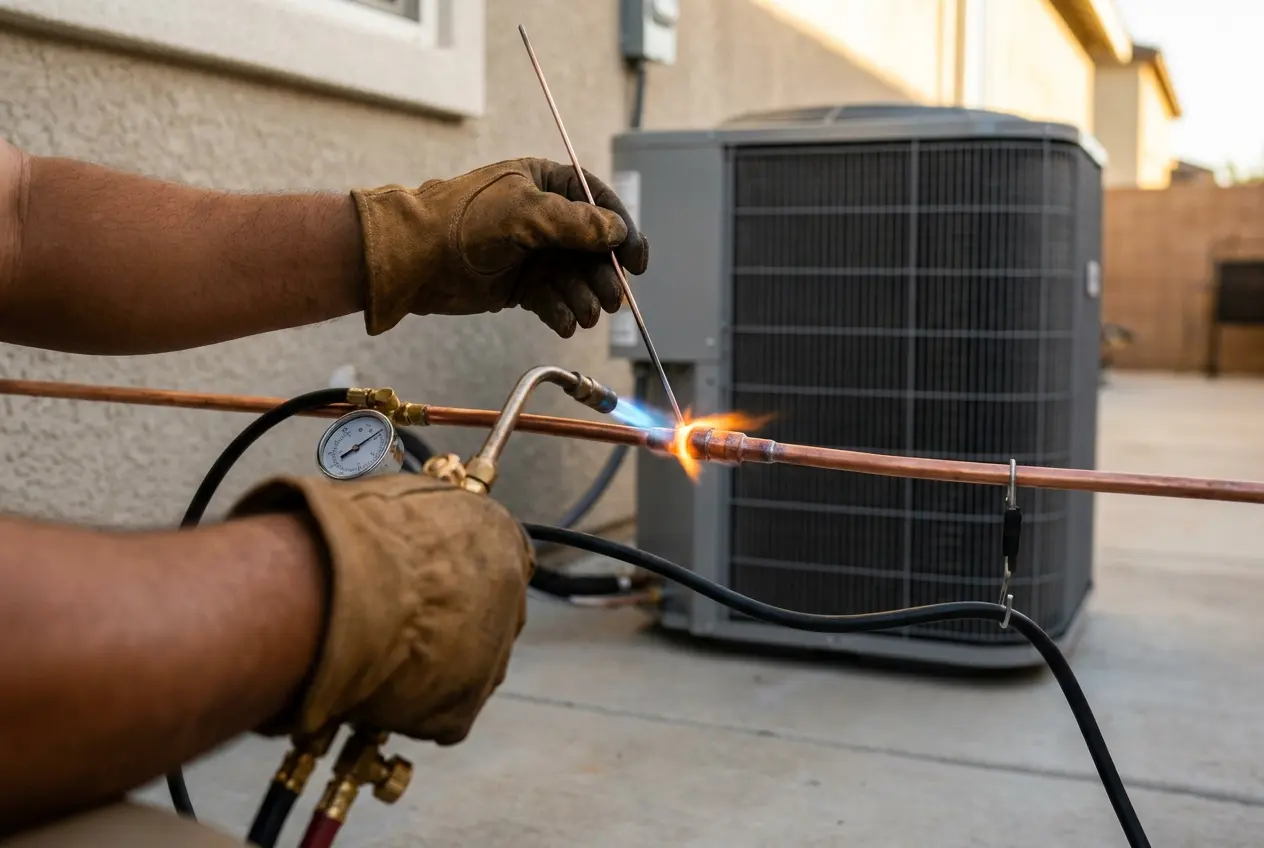 Gloved hands brazing a copper lineset joint with a torch, nitrogen purge hose clipped to the line