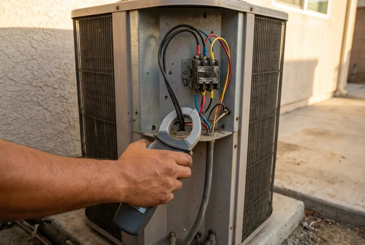 A clamp meter closed around a compressor wire inside an open condenser electrical compartment