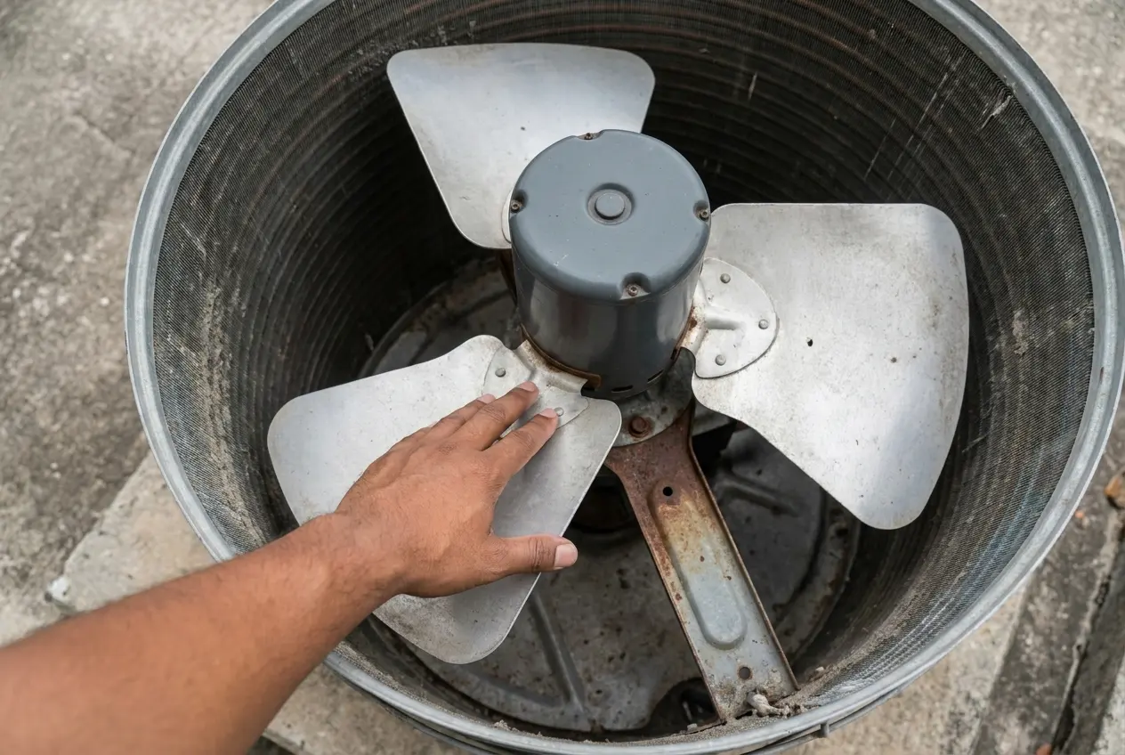 A hand turning a condenser fan blade by hand to check the motor bearing, top grille removed