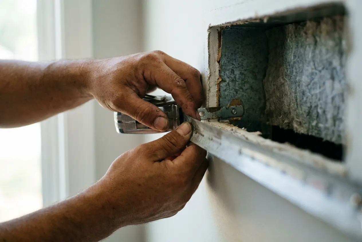 A tape measure spanning a return air opening being sized before a new install