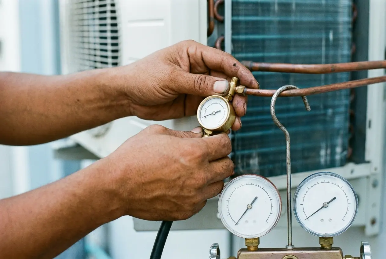 A micron gauge connected to the manifold during a system evacuation, vacuum pump hose in frame