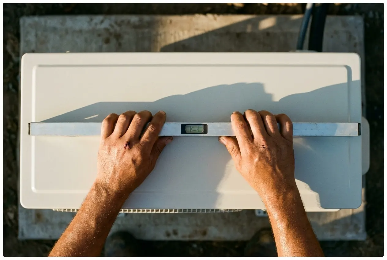 A level set across the top of a new outdoor condenser on its pad