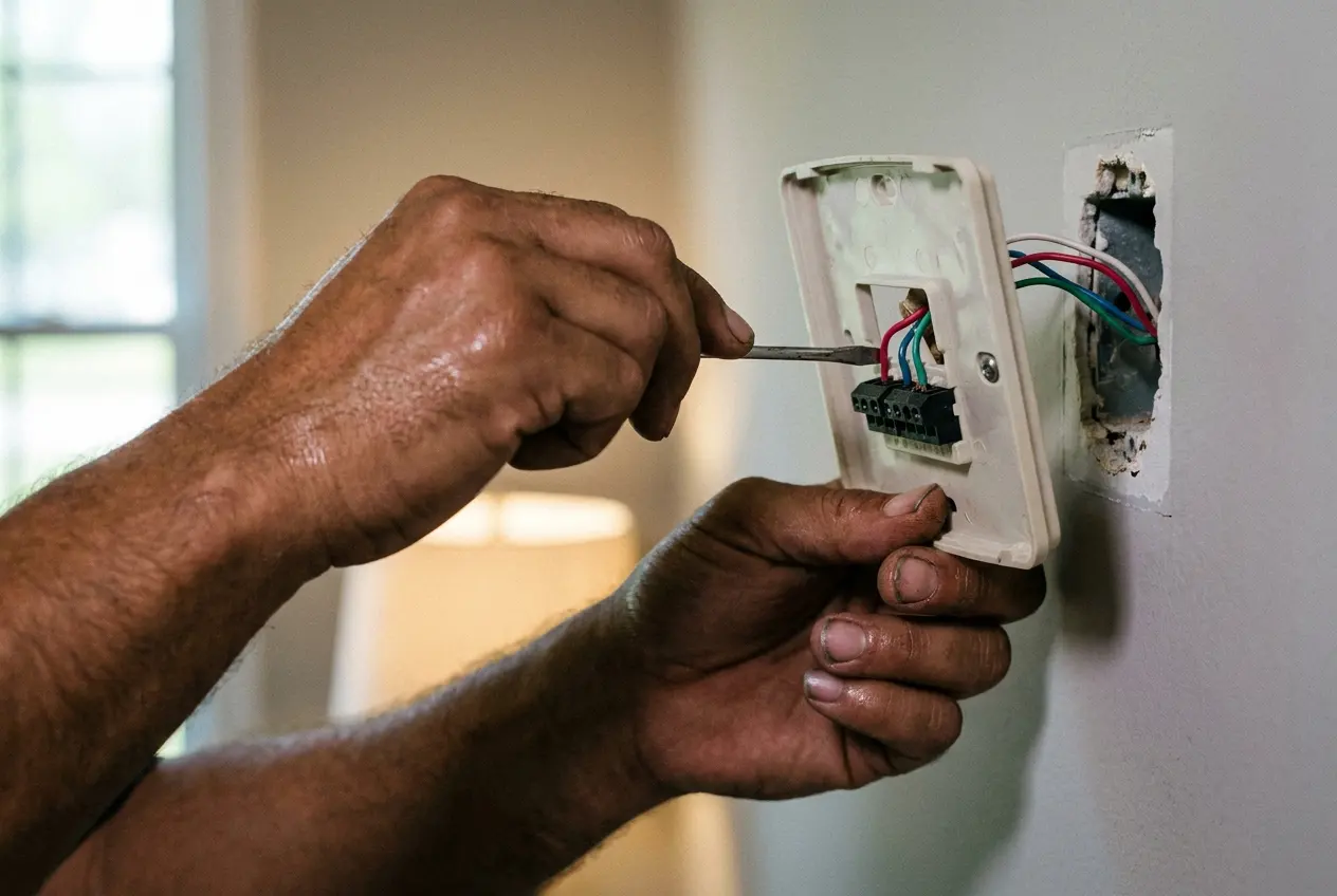 Thermostat wires landed on a wall plate terminal block, plate off the wall