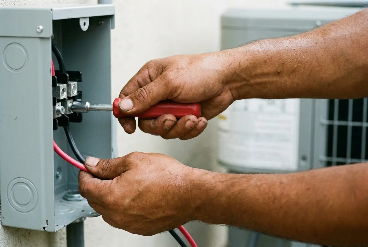 A screwdriver torquing the lugs in a disconnect box beside a new outdoor unit