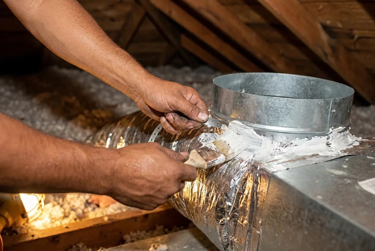 Flex duct strapped to an attic air handler collar and sealed with mastic