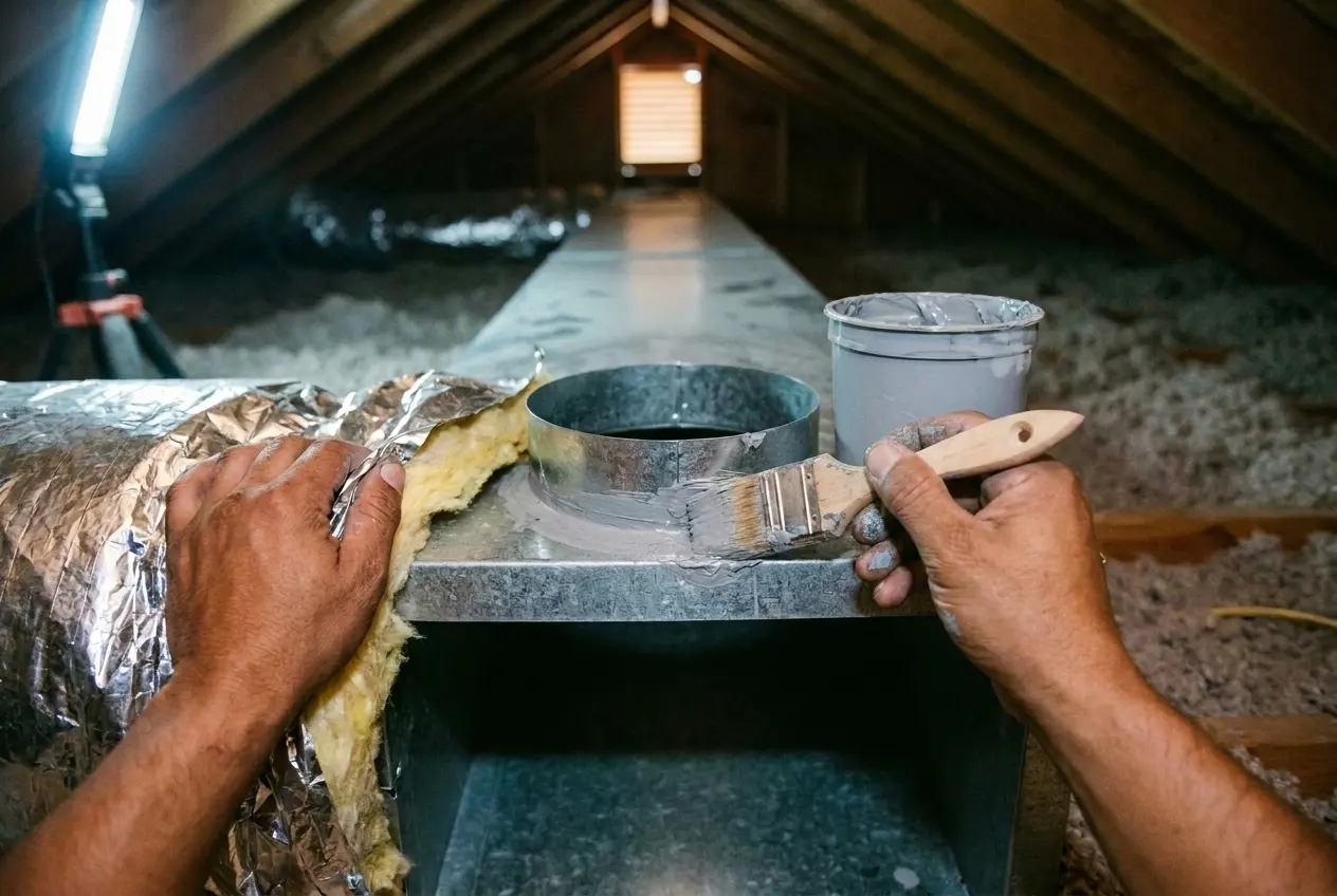 Hands brushing grey mastic onto a sheet-metal trunk duct seam at a take-off collar in an Atlanta attic, insulation peeled back