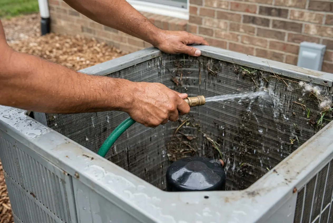 Hands rinsing an outdoor condenser coil from the inside out with a garden hose, top grille off, during an Atlanta HVAC maintenance visit