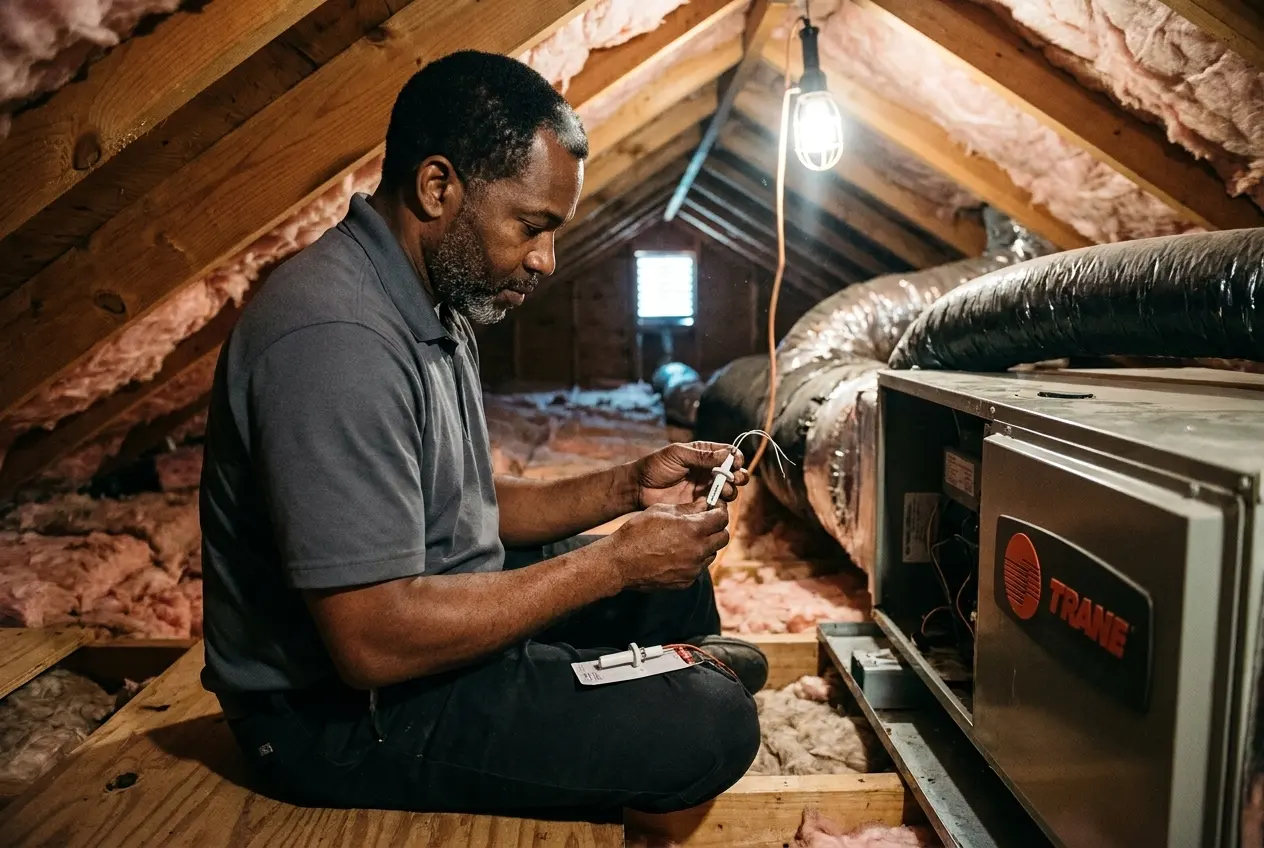 A burner air shutter adjusted by hand while the furnace burner ports run blue