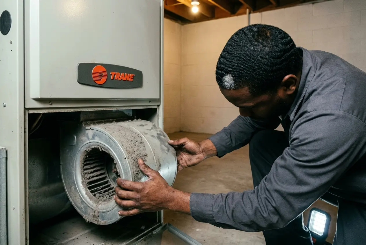 A dust coated furnace blower wheel slid partway out of its cabinet rails