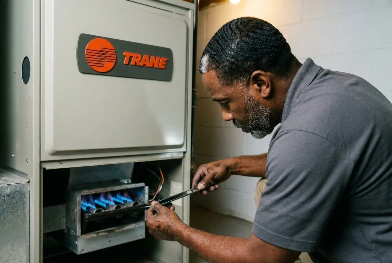 A furnace burner compartment vacuumed with a soft brush attachment, access panel off