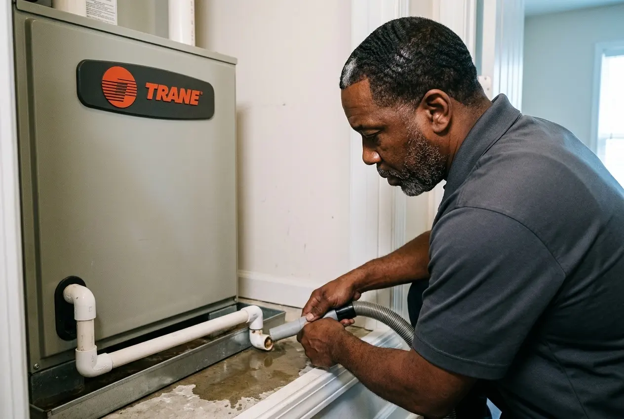 Hands clearing a clogged condensate trap with a wet vacuum hose, standing water in the drain pan below