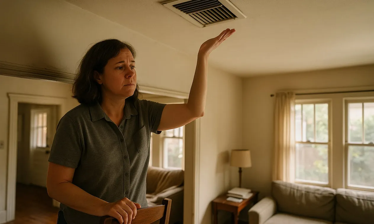 Homeowner holding a hand up to a ceiling vent to feel for weak airflow in an older home