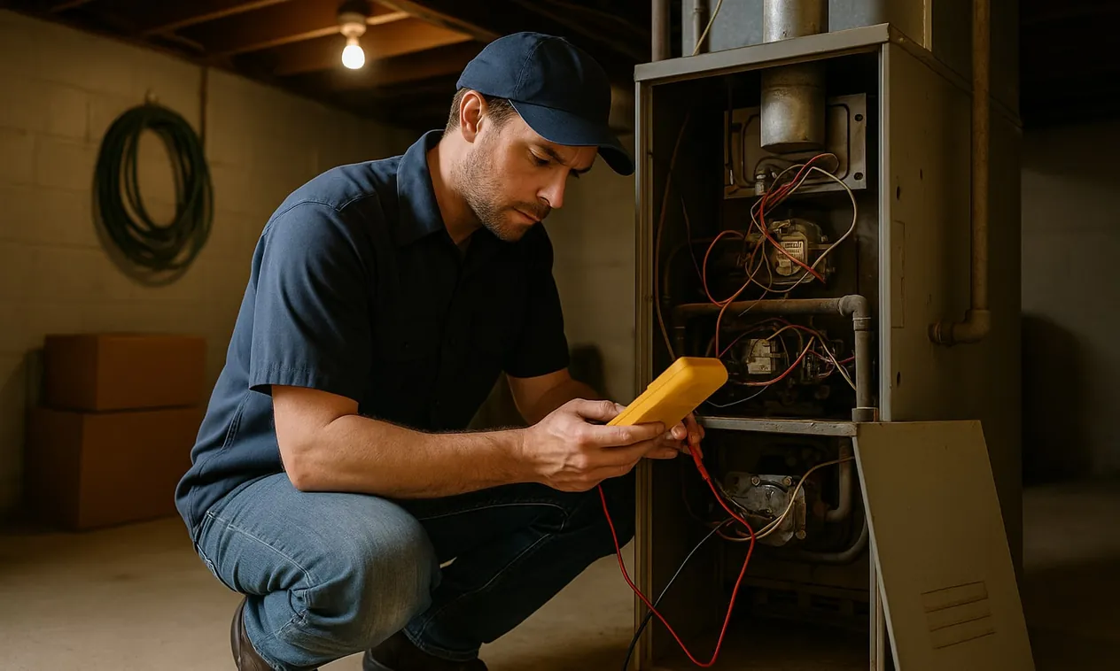 HVAC technician crouched at an open furnace in a basement, testing its controls with a multimeter