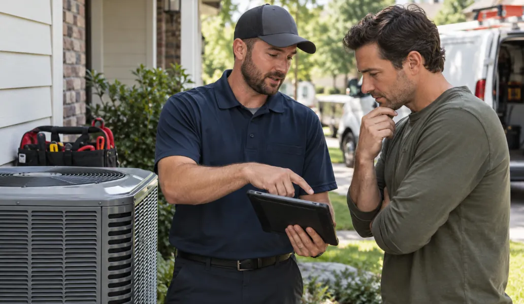 Technician beside an outdoor AC unit showing a homeowner his findings on a tablet