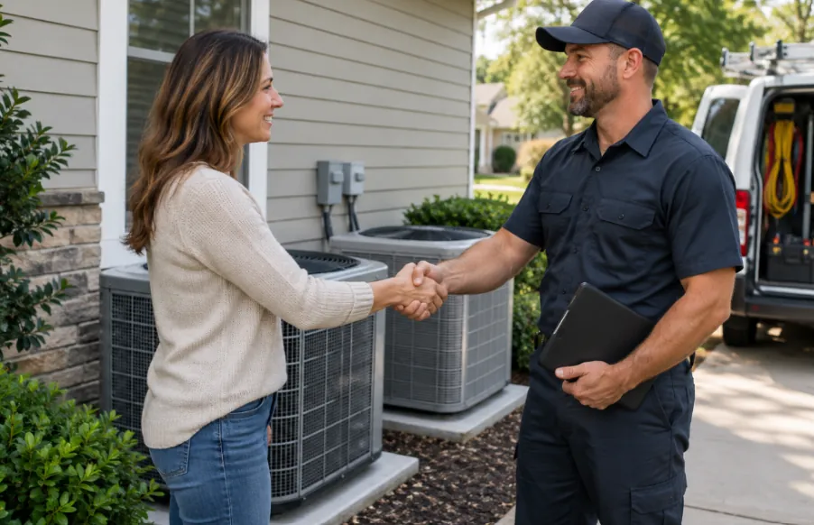 Homeowner shaking hands with an HVAC technician beside two outdoor condensers