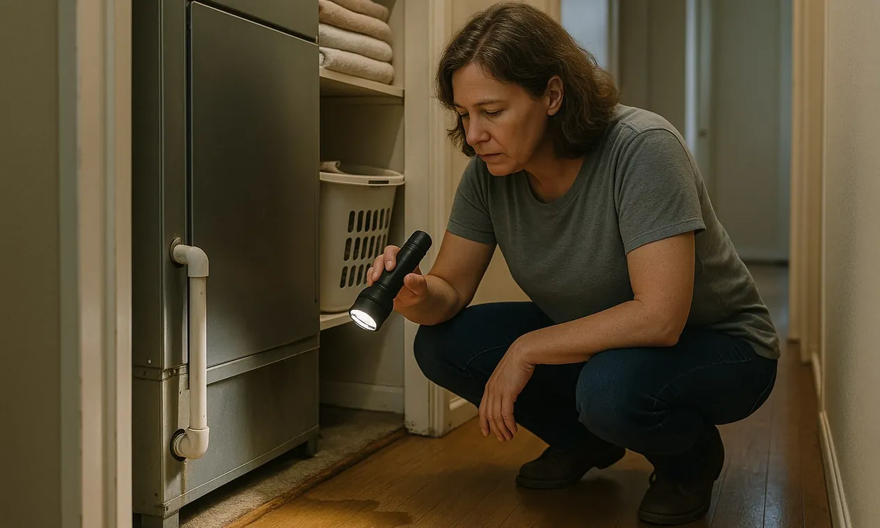 Homeowner with a flashlight checking a puddle of water under an indoor air handler