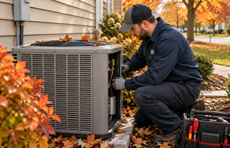 Technician servicing the electrical compartment of an outdoor AC condenser among fall leaves