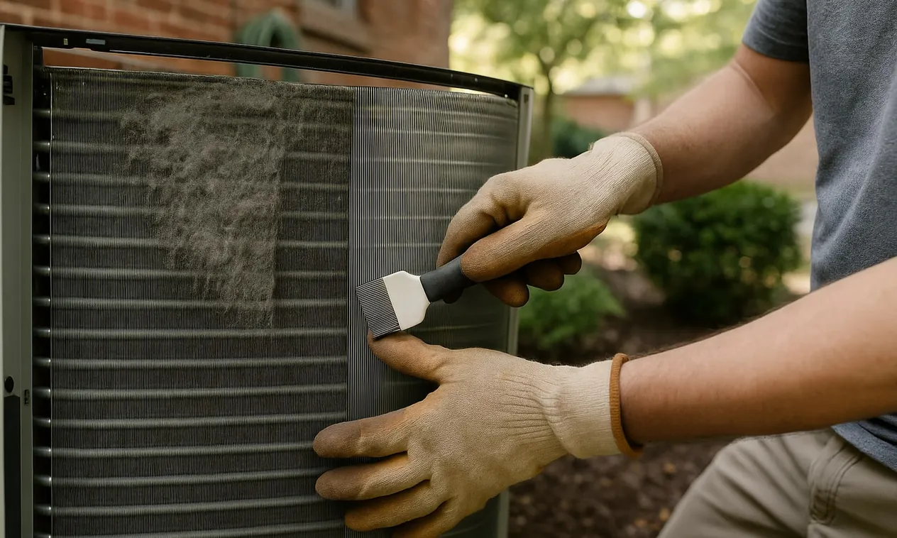 Gloved hands brushing a season of dust off an outdoor condenser coil