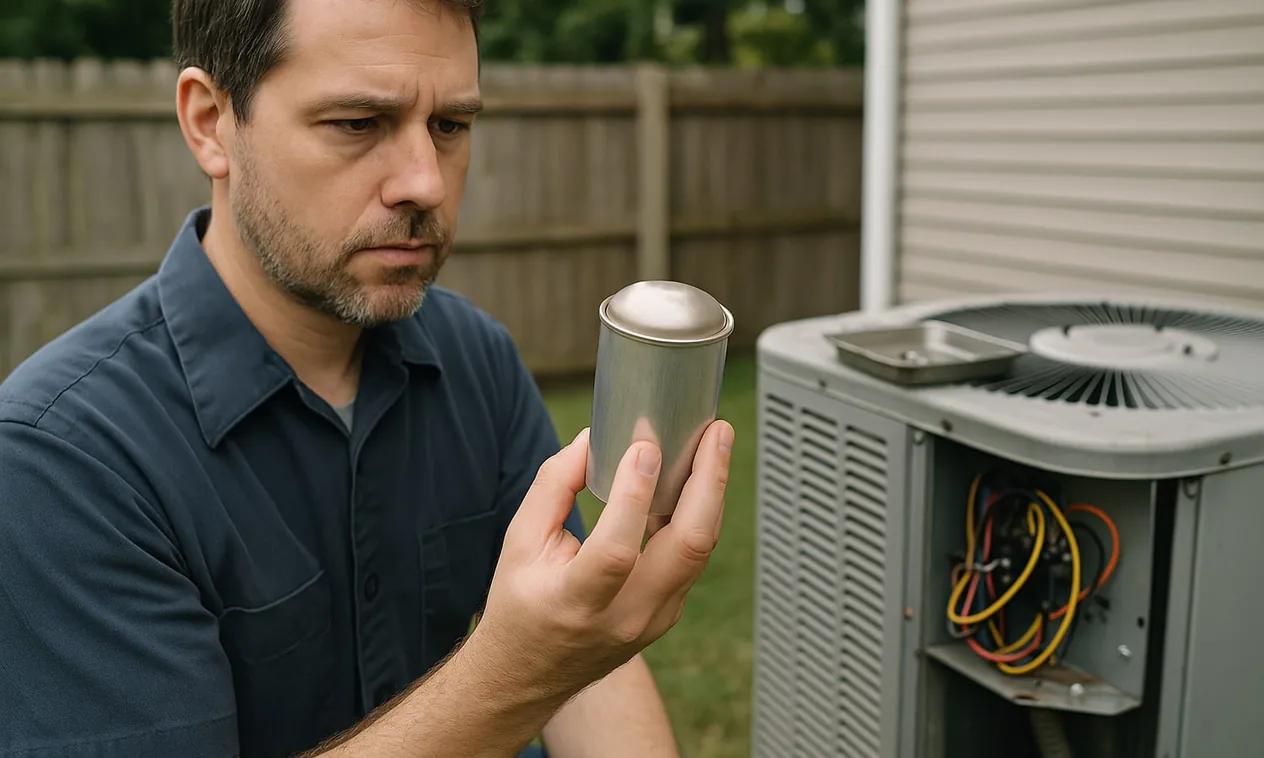 Technician holding an AC capacitor removed from an open outdoor condenser