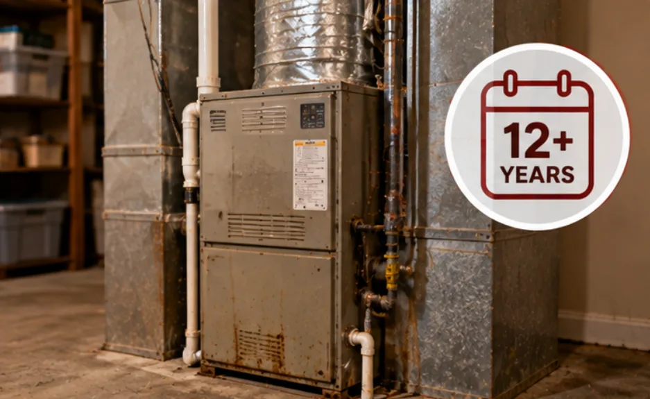 An older gas furnace with rust along its lower panels in a basement utility room