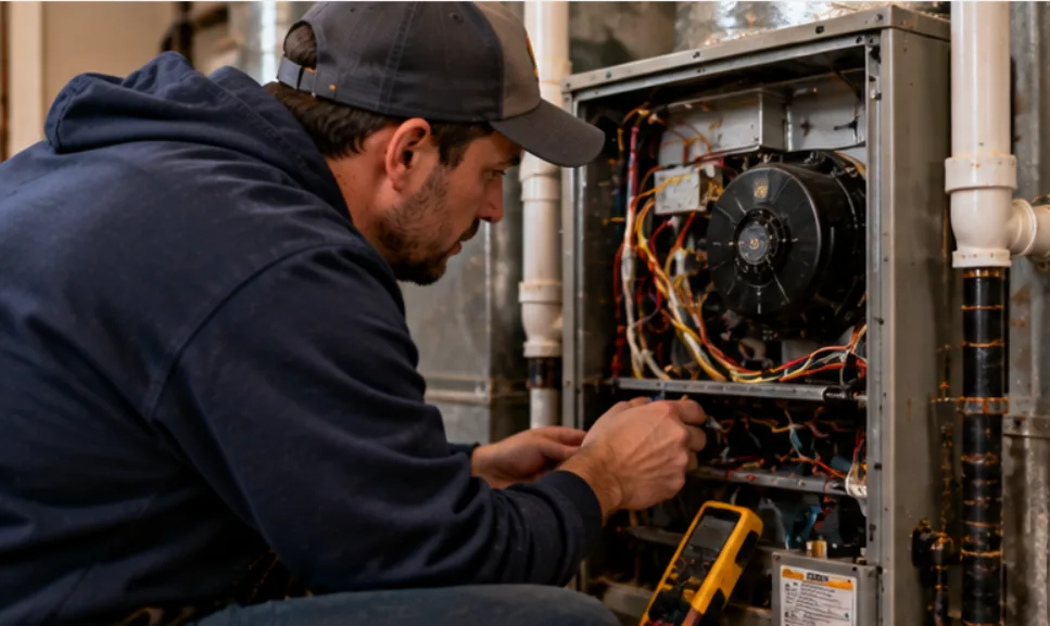 Technician testing the control wiring inside an older furnace with a multimeter, the blower housing behind