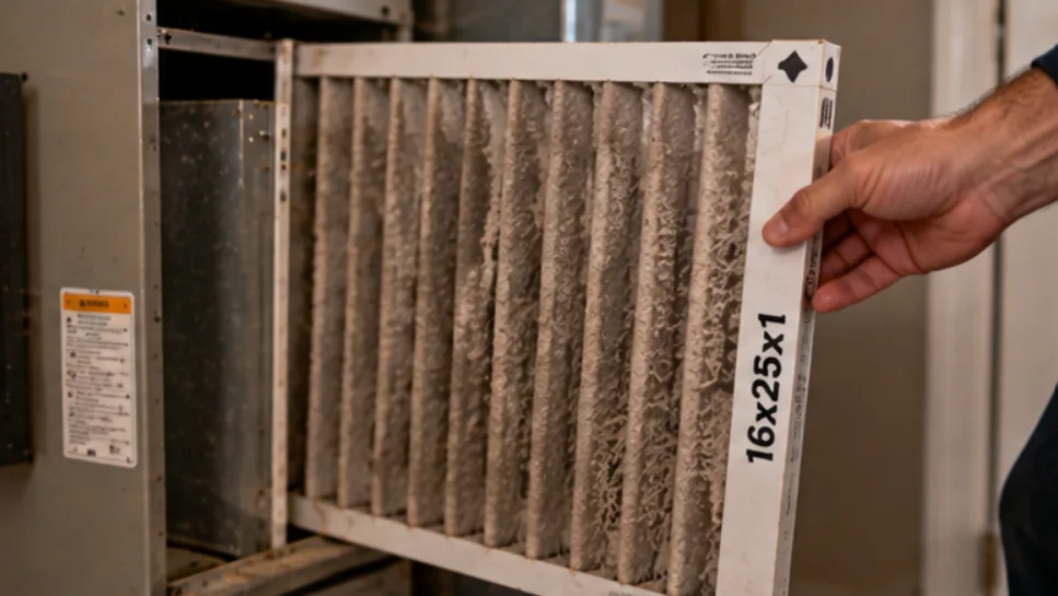 Hand sliding a dust-clogged pleated filter out of a furnace filter rack