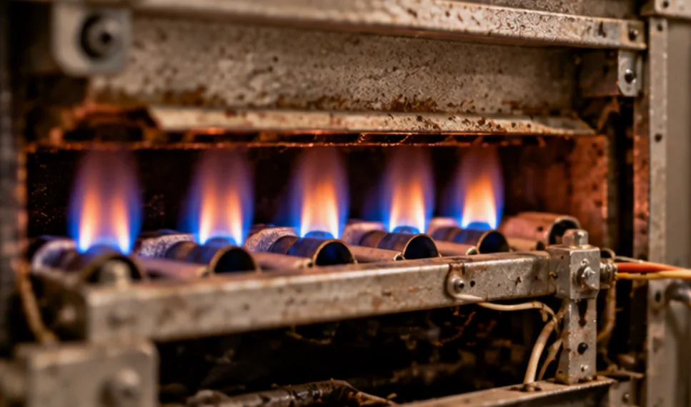 Burner flames firing inside an older furnace, with rust and scale on the surrounding metal