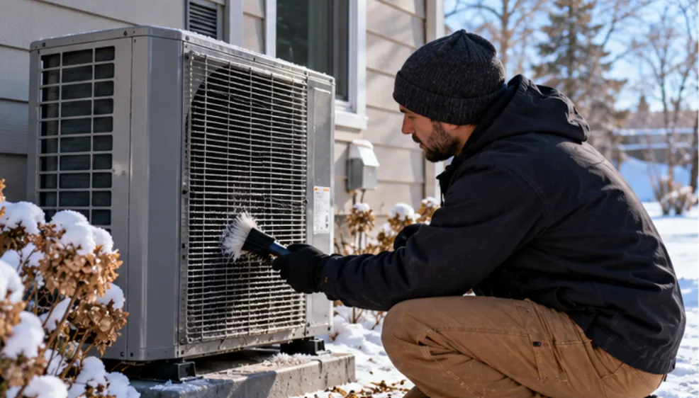 Technician brushing debris off the coil of an outdoor heat pump beside a house in winter