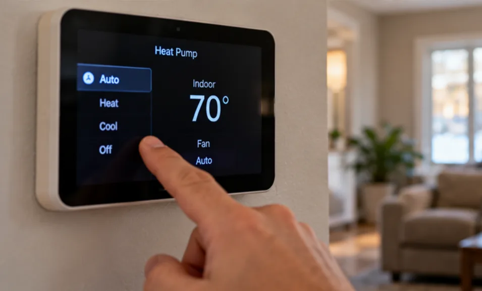 Finger selecting a mode on a wall thermostat set up for a heat pump, the indoor reading at 70 degrees