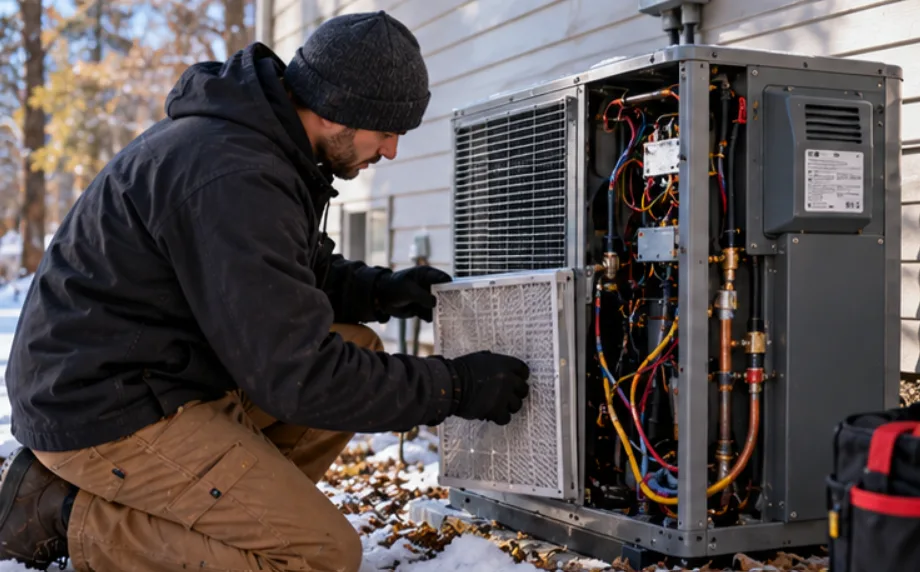 Technician lifting a panel off an outdoor heat pump to reach its wiring and refrigerant lines