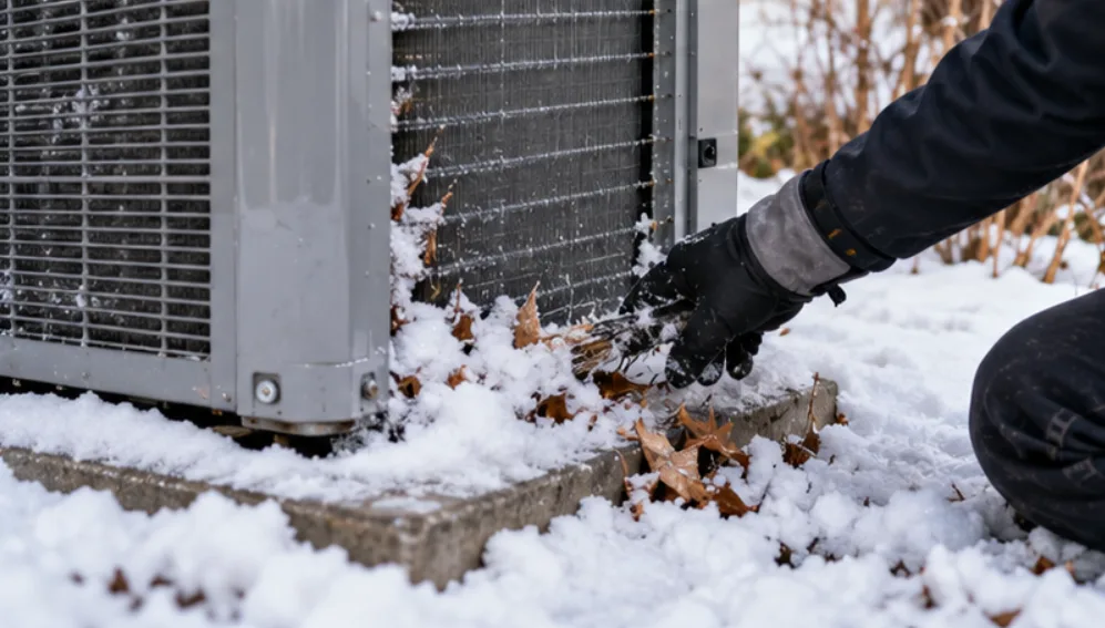 Gloved hand clearing leaves and snow away from the base of an outdoor heat pump coil