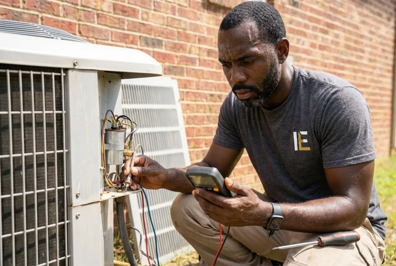 Indoor Experts technician taking a meter reading on an AC capacitor during a maintenance visit