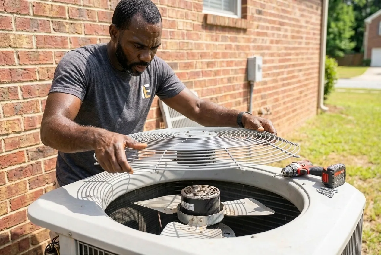 Indoor Experts technician servicing a condenser fan during a maintenance visit in Atlanta