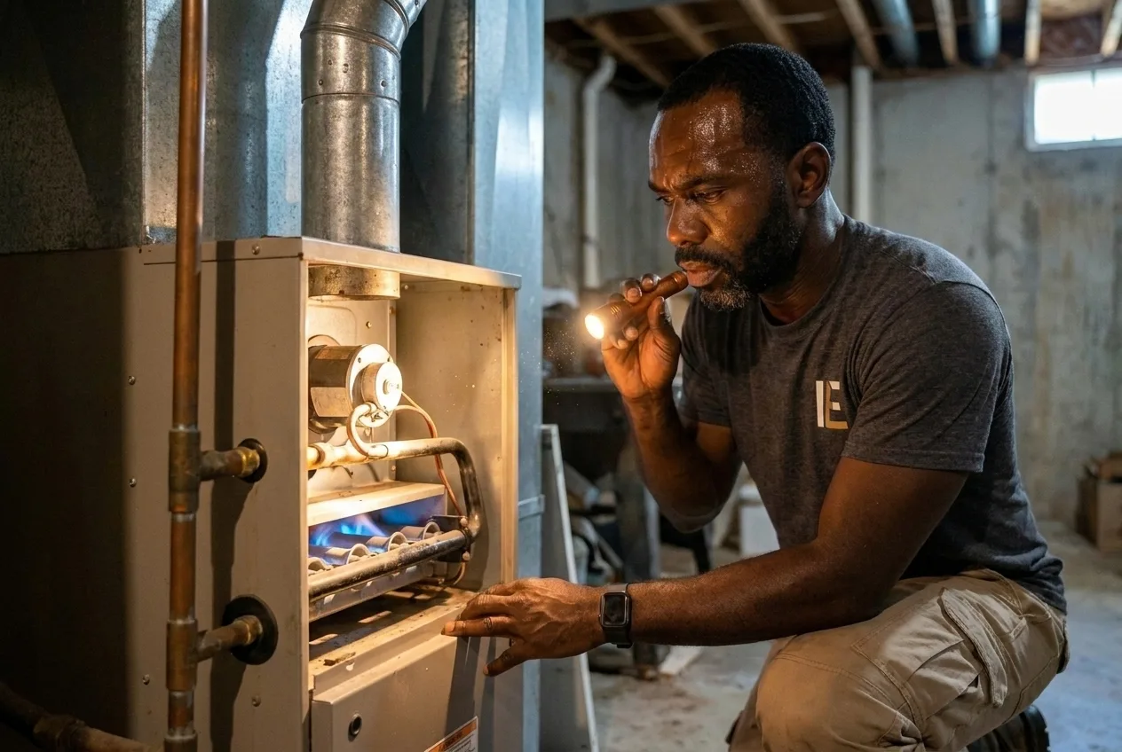 Indoor Experts technician inspecting furnace burners during a fall Comfort Club heating visit in Atlanta