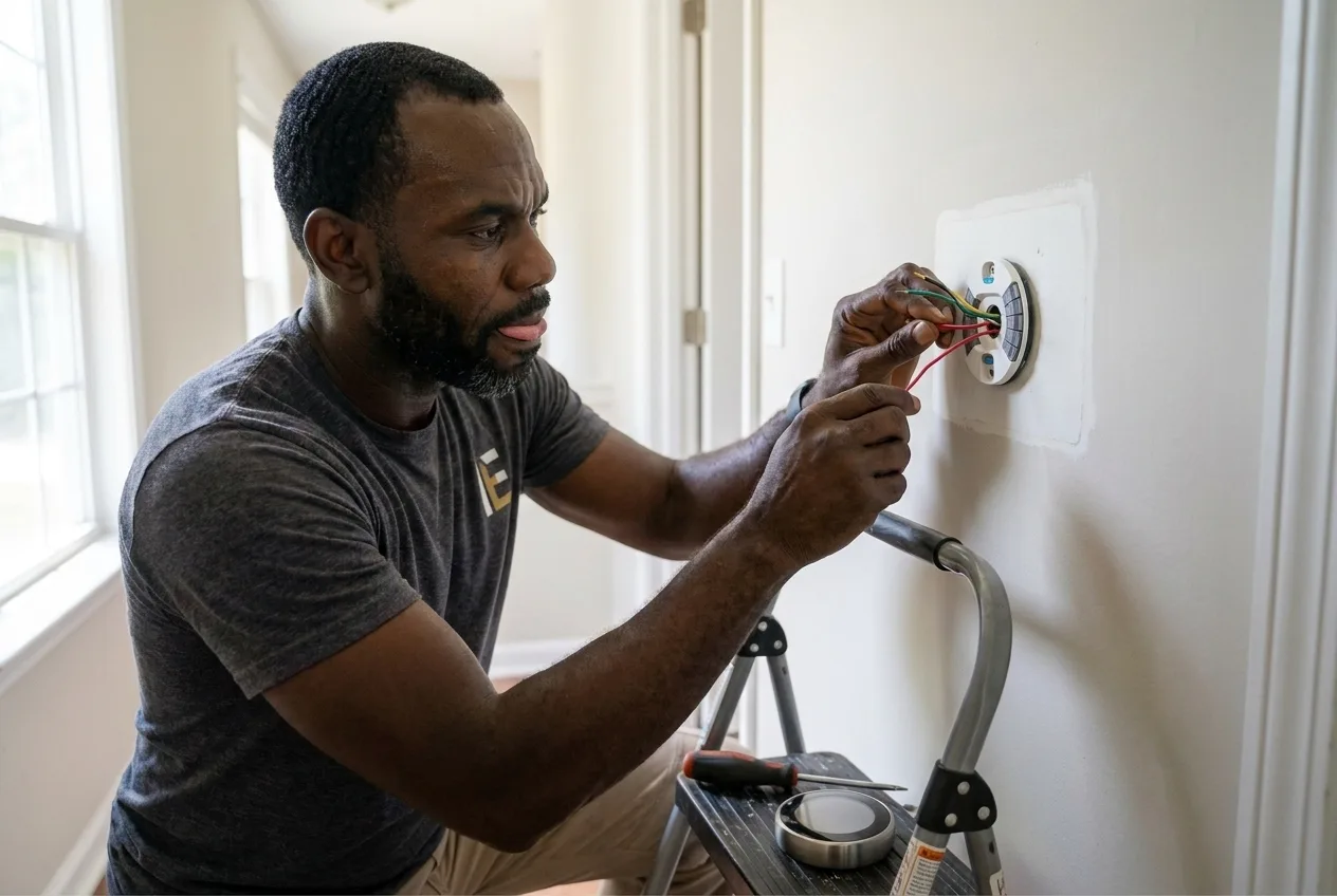 Technician installing a thermostat