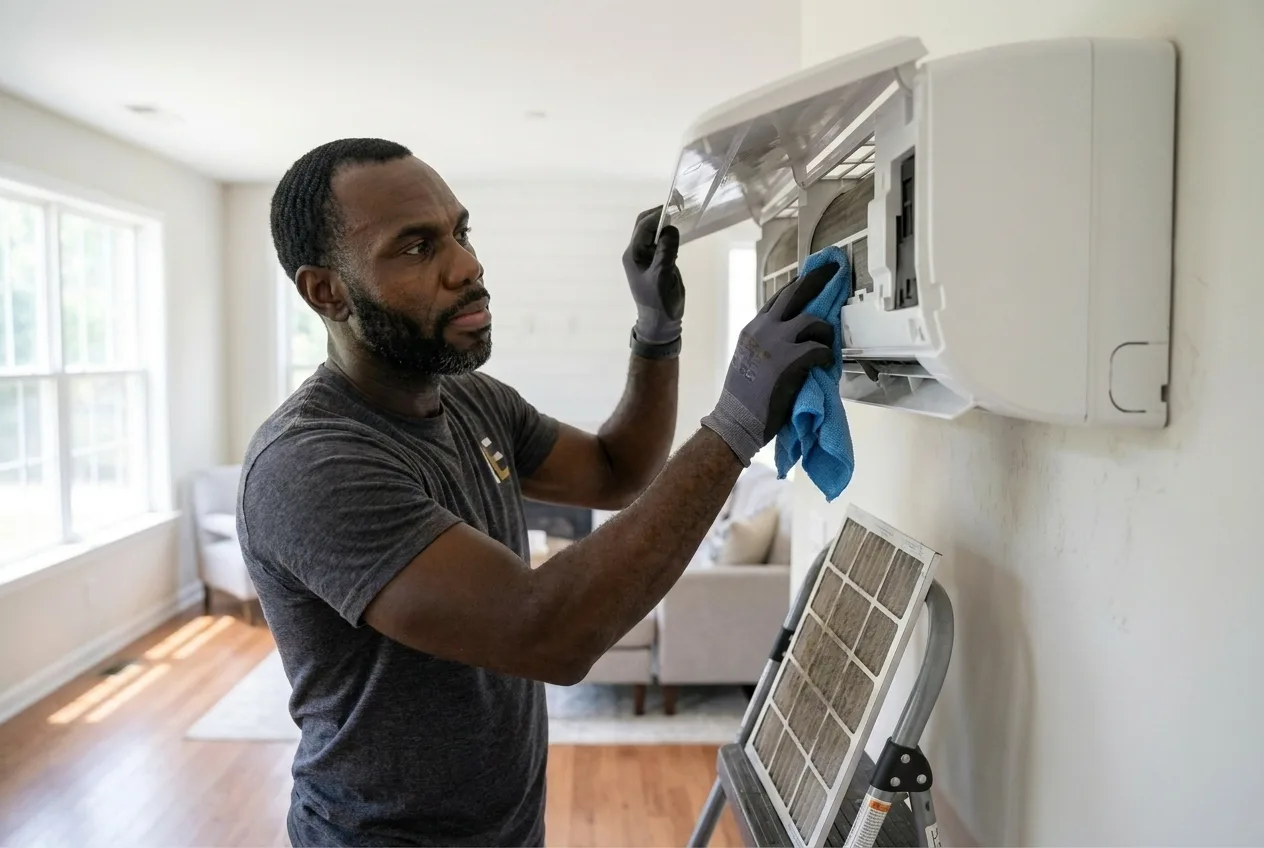 Indoor Experts technician servicing a ductless mini-split head inside an Atlanta home