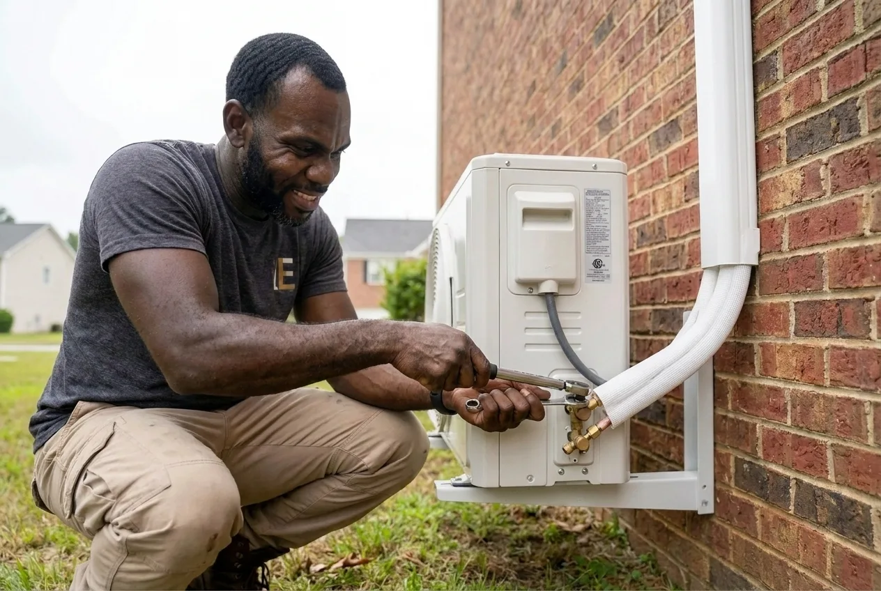 Indoor Experts technician running a covered line set for a ductless mini-split in Atlanta
