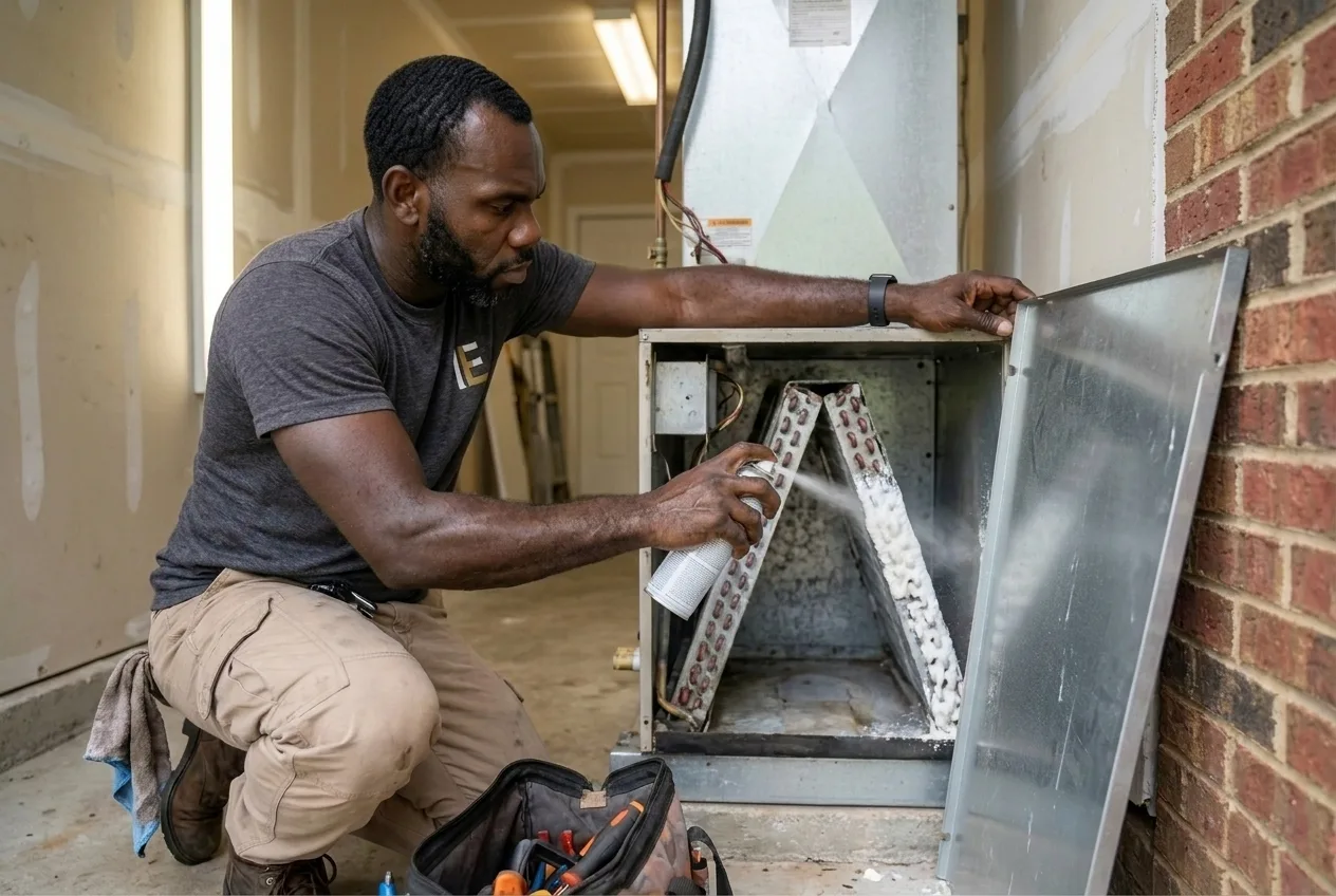 Indoor Experts technician fitting a whole-home air cleaner into the ductwork at an Atlanta air handler