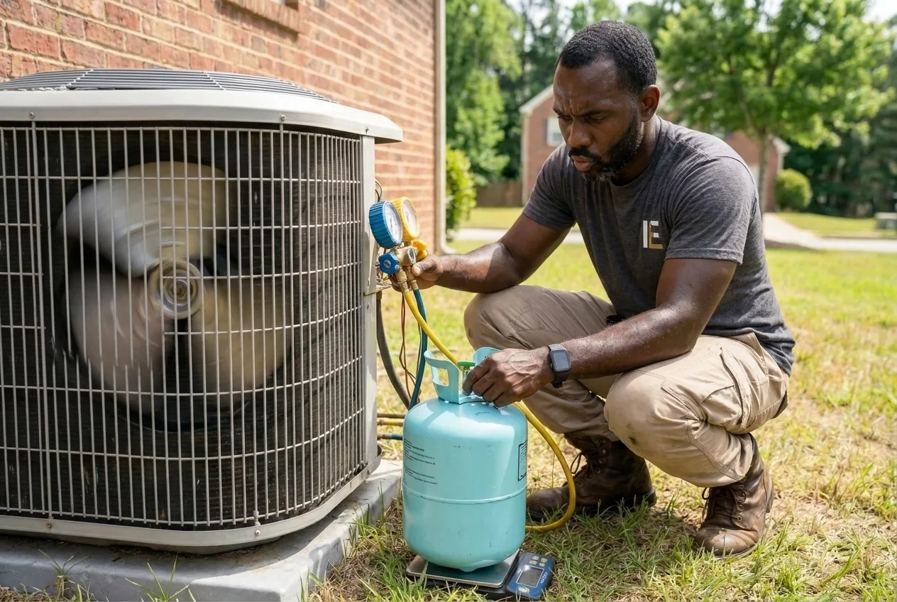 Technician checking the refrigerant charge on an AC system
