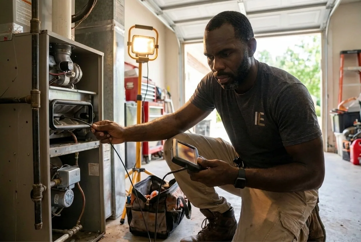 Technician inspecting a furnace heat exchanger