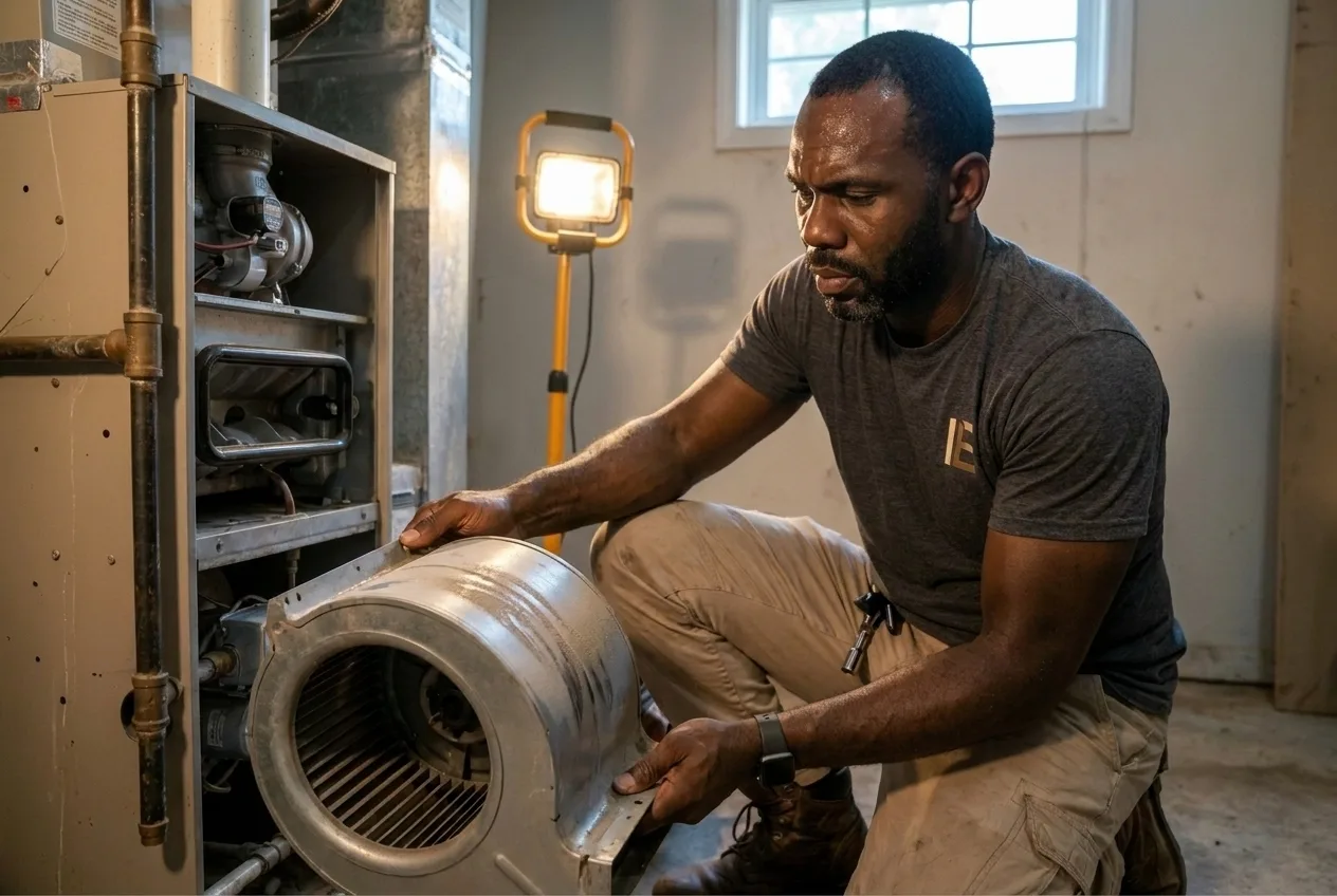 Technician servicing a furnace blower assembly